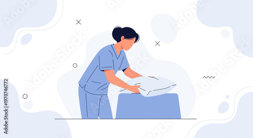 Nurse Arranging Pillow on Bedside Table - Healthcare Illustration