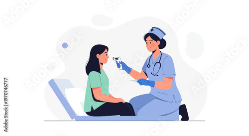 Nurse checking patient's temperature with infrared thermometer, healthcare concept