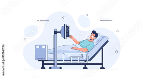 Patient Interacting with Medical Screen in Hospital Bed