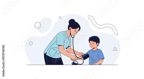 Pediatrician checks child's blood pressure with stethoscope and sphygmomanometer