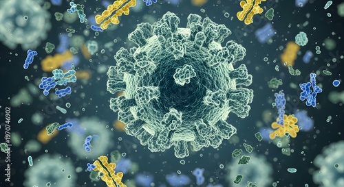 Fényképezés Microscopic view of a virus particle with spike proteins and other biological elements