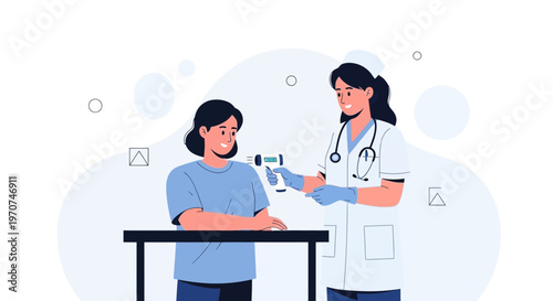 Nurse checking patient's temperature with infrared thermometer, healthcare concept