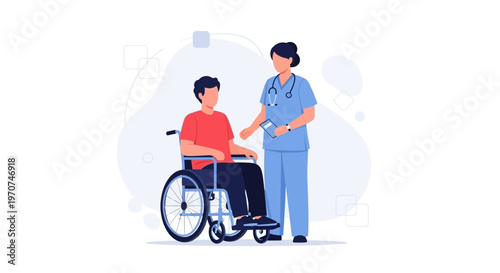 Nurse assisting patient in wheelchair, healthcare concept, medical illustration