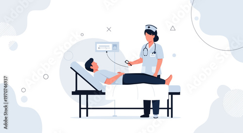 Nurse Attends Patient Lying in Hospital Bed with Medical Equipment