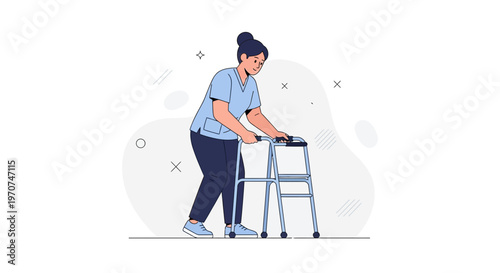 Nurse assisting elderly person with walker, healthcare concept illustration