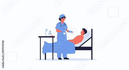 Nurse administering injection to patient in hospital bed, medical care illustration