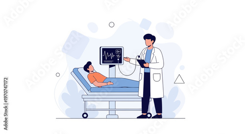 Doctor monitoring patient's vital signs on ECG monitor in hospital room
