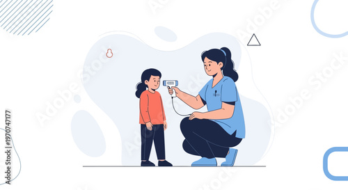 Nurse checking child's temperature with infrared thermometer, healthcare concept