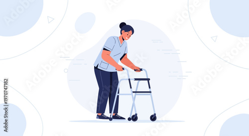 Nurse assisting elderly patient with walker, rehabilitation, healthcare concept