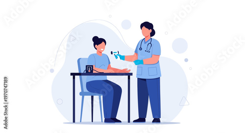 Nurse measures patient's temperature with infrared thermometer, medical checkup illustration