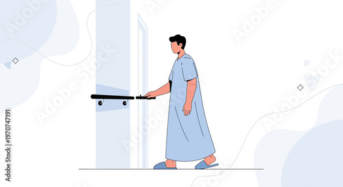 Patient in hospital gown opening door, symbolizing recovery and freedom