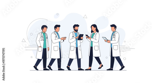 Diverse medical team collaborating with digital devices in a modern clinic setting.