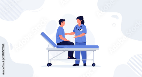 Doctor examining patient on medical examination table, healthcare concept