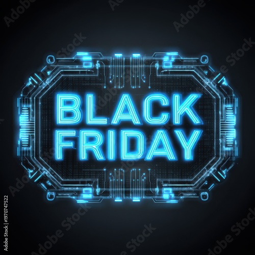 A glowing blue Black Friday sign on a dark background