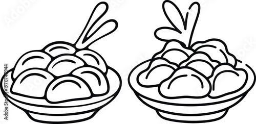 Vector illustration of two bowls of dumplings with chopsticks with black and white