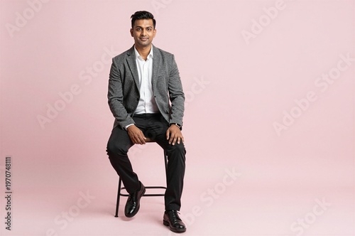 Young businessman sitting on stool in studio isolated on pastel background