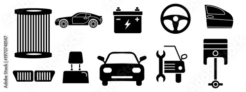 Car Parts Line Icon Set – Automotive Spare Parts, Vehicle Components, Repair and Maintenance Symbols Vector