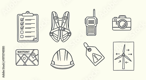 Hand drawn sketch icons of exploration and communication equipment isolated on transparent background