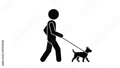 Minimalist vector graphic illustration design of a person walking a small dog on a leash.