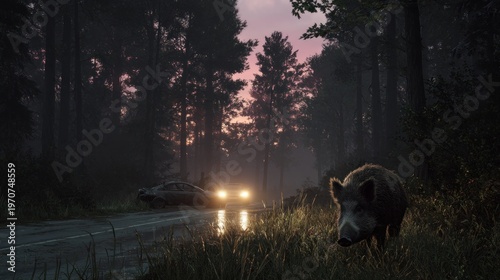 Wild boar near car accident on dark forest road