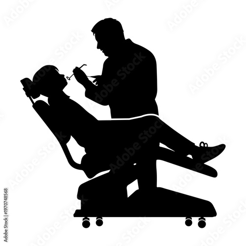 Dentist treating patient in dental chair black silhouette vector illustration, healthcare dentistry, oral care concept isolated on white background, teeth, tooth, medical, treatment, dentist, dental