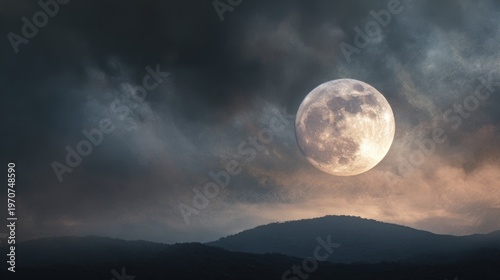 Full moon glowing in clear night sky above serene natural landscape, luminous lunar surface illuminating dark horizon with soft silver light, peaceful atmospheric scene with deep blue tones and celest