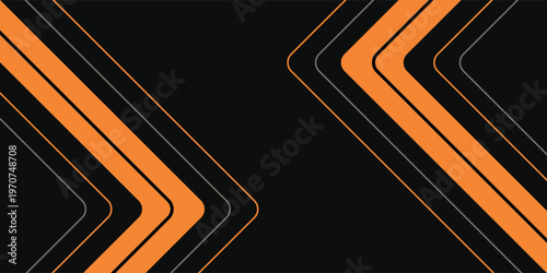 Black abstract wide horizontal banner with orange and gray lines, arrows and corners. Dark modern sporty bright futuristic abstract background. EPS10 wide vector illustration.