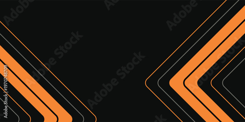 Black abstract wide horizontal banner with orange and gray lines, arrows and corners. Dark modern sporty bright futuristic abstract background. EPS10 wide vector illustration.