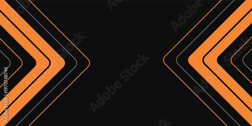 Black abstract wide horizontal banner with orange and gray lines, arrows and corners. Dark modern sporty bright futuristic abstract background. EPS10 wide vector illustration.