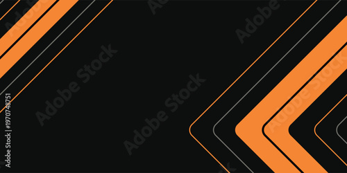 Black abstract wide horizontal banner with orange and gray lines, arrows and corners. Dark modern sporty bright futuristic abstract background. EPS10 wide vector illustration.
