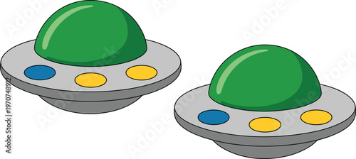 Alien spaceship UFO flying saucer vector illustration set with green glass dome and colorful lights isolated on white background