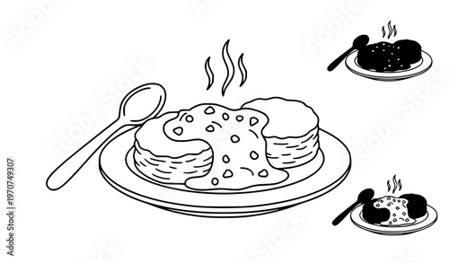 Easy biscuits and gravy food coloring book page vector line illustration with sample color reference isolated on white background