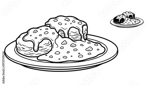 Biscuits and gravy coloring page vector illustration with bold line art food drawing isolated on white background for kids and adults