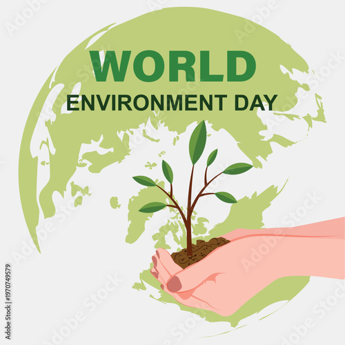 World environment day vector design. . Hand holding and caring for a green young plant concept. World Environment Day with nature and environment icon vector.
