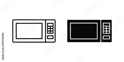 A pair of microwave oven icons shown in both outline and solid black style for kitchen appliance isolated on white background, Vector, illustration