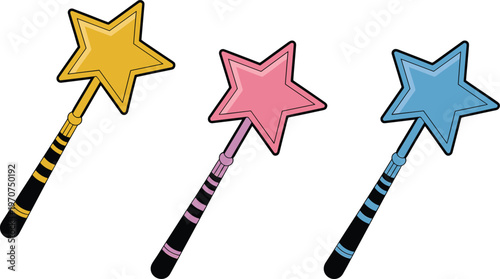 Magic star wand set in yellow pink and blue colors for fairy fantasy theme and wizard costume design vector illustration