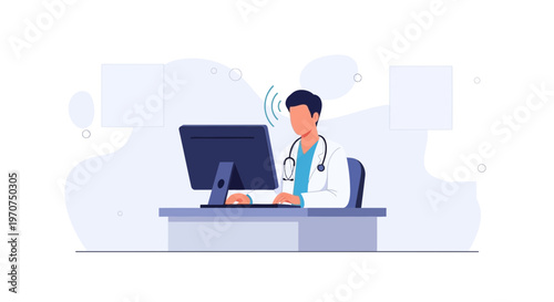 Doctor using computer for telemedicine consultation, online medical advice, healthcare technology