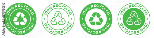 A collection of four circular green and white icons representing one hundred percent recycled goods. isolated on white background, Vector, illustration