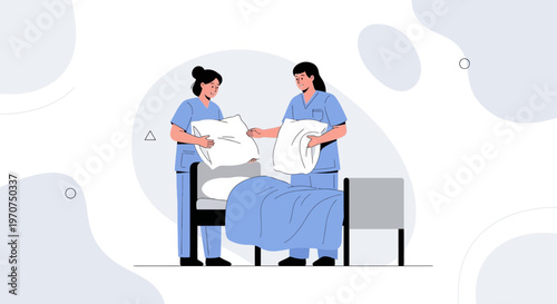 Nurses changing bed linens and pillows in a hospital room, healthcare concept illustration
