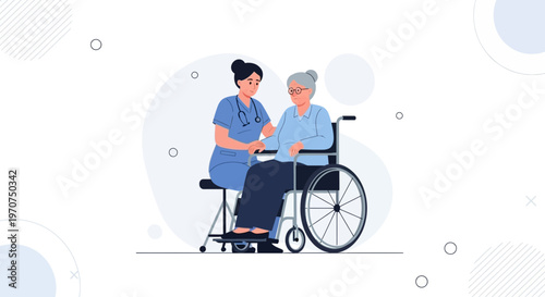 Nurse caring for elderly woman in wheelchair, healthcare, medical assistance, home care