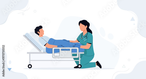Nurse caring for patient in hospital bed, medical care illustration