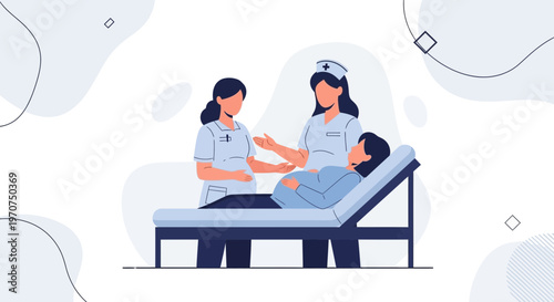 Nurses caring for pregnant patient on examination table, medical illustration