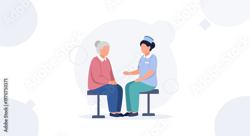 Nurse consulting with elderly woman, healthcare, medical assistance, patient care, doctor visit