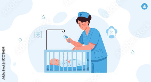 Nurse checking baby's temperature in crib, healthcare illustration