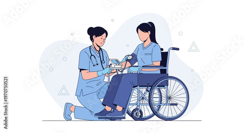 Nurse checking patient's blood pressure in wheelchair, medical care illustration