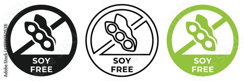 A set of three soy free circular icons featuring a soybean pod crossed out to indicate allergen isolated on white background, Vector, illustration