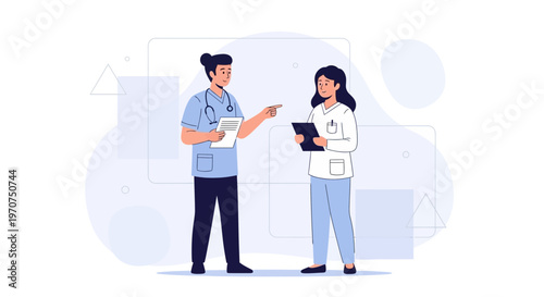 Two doctors discussing medical reports, modern flat illustration