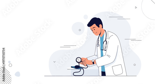 Doctor checking blood pressure with sphygmomanometer, medical illustration
