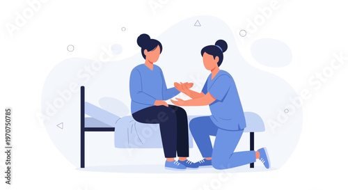 Nurse helping patient sit on hospital bed, medical care and support concept