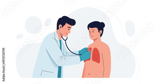 Doctor examining child's lungs with stethoscope, medical checkup illustration